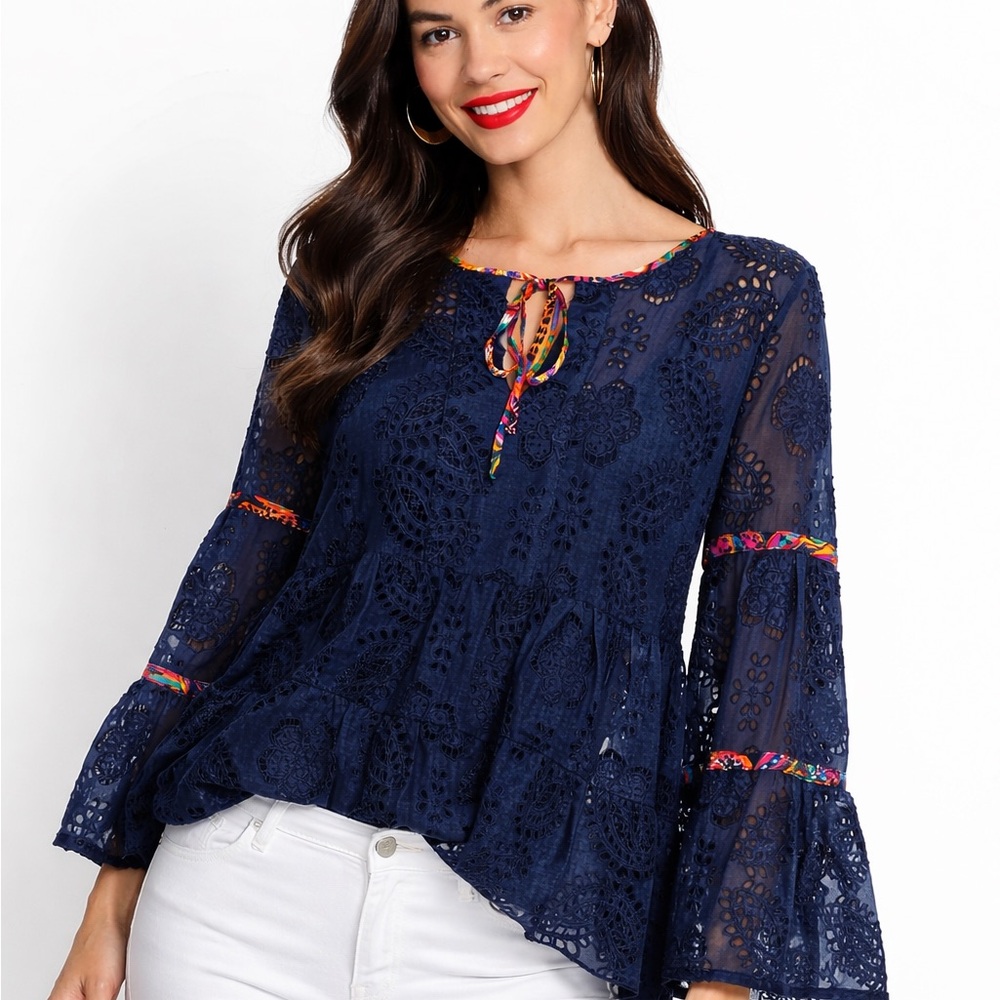 Johnny Was silk blend crochet Tamera Top NWT